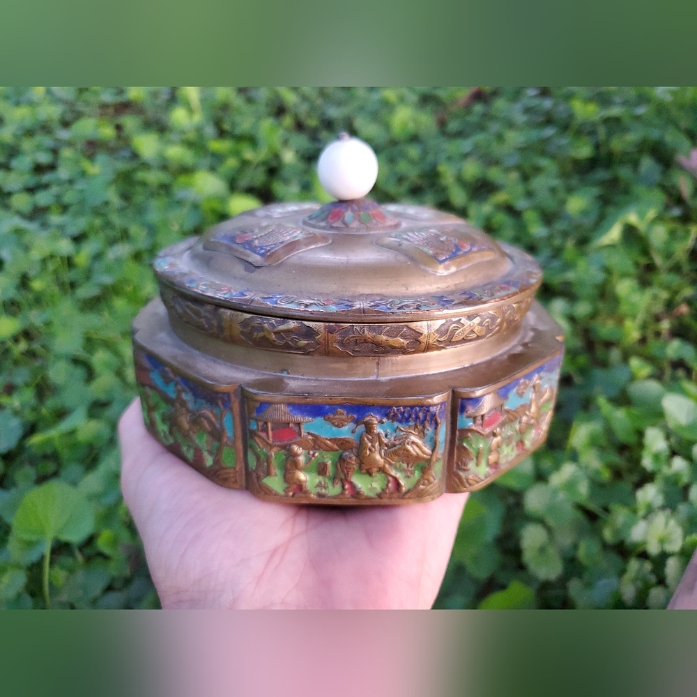 Antique Chinese Cloisonne Enamel Bronze Finial Lidded Covered Tea Box Jar